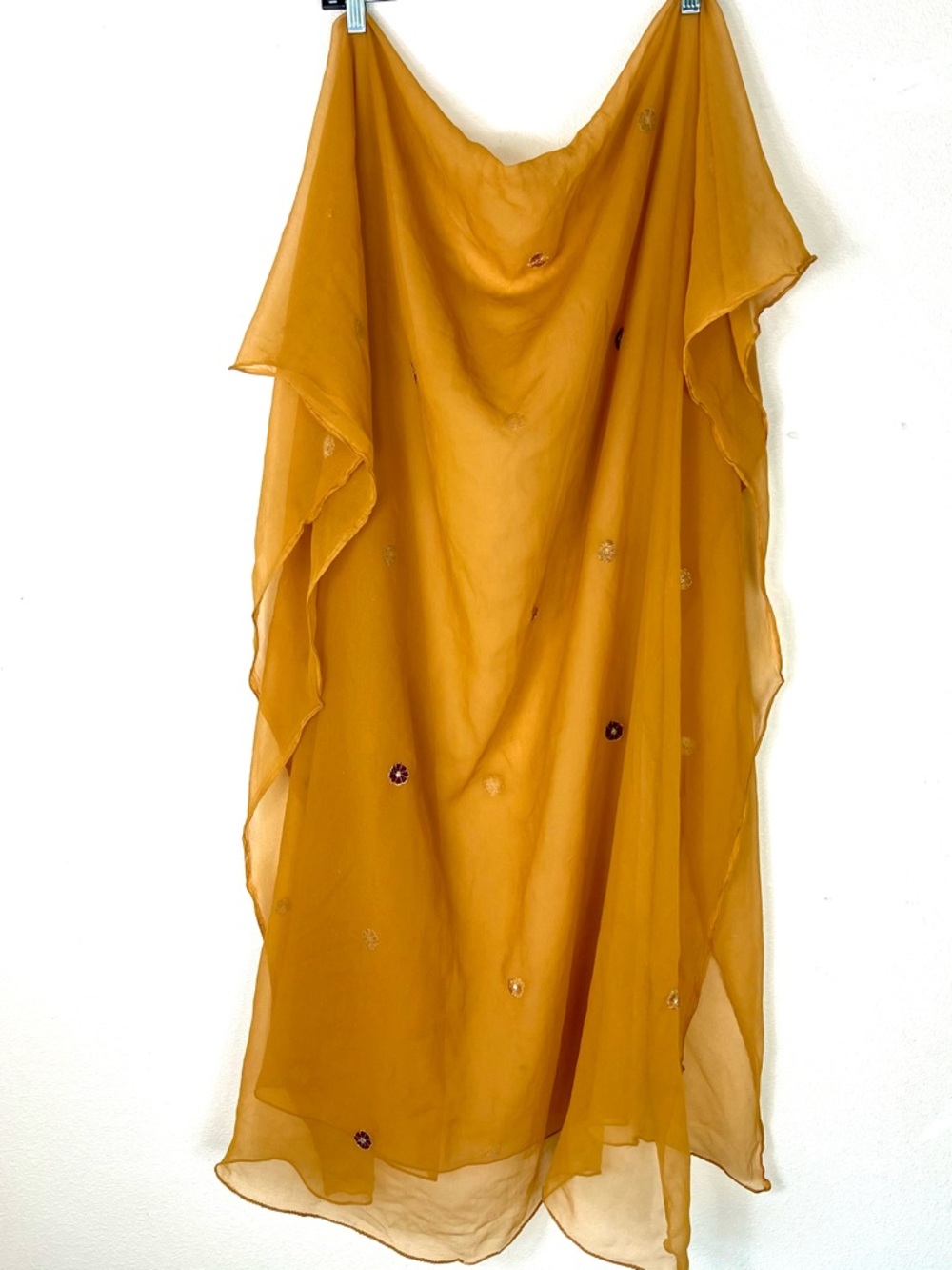 Saree Scarf Orange Yellow w Maroon Flowers, Transparent & Large Size